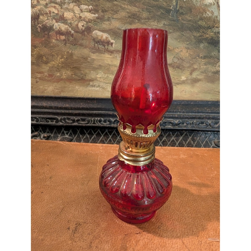 Vintage Miniature Ruby Red Glass Oil Lamp 4" Ribbed Melon Made in Hong Kong